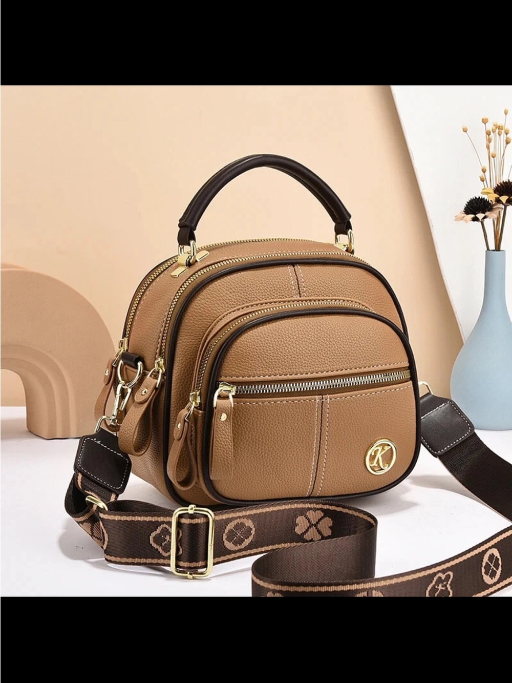 Tan Crossbody Satchel Handbag with Gold Accent
